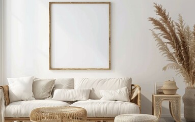 A mockup of an empty brown frame on the white wall in boho style living room.