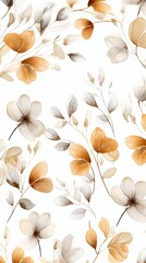 Tan flower petals and leaves on white background seamless watercolor pattern spring floral backdrop