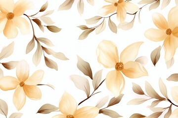 Tan flower petals and leaves on white background seamless watercolor pattern spring floral backdrop