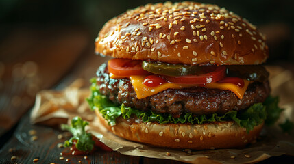 Gourmet Burger. A close-up image of a juicy burger with fresh lettuce, tomato, pickles, melted cheese, and a grilled beef patty on a sesame seed bun. - obrazy, fototapety, plakaty