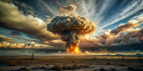 A nuclear explosion in a wasteland with clouds in the sky.