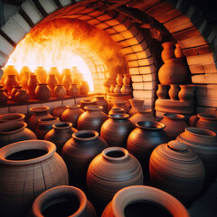 Freshly created pots placed in kiln for firing
