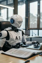 A.I. Artificial Intelligence replacing human at office work job with a AI robot working at a desk in an office with document with AI letters written on it