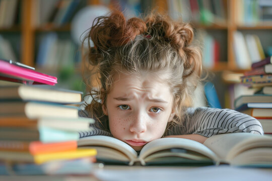The girl looked tired and bored. Tired of the pile of books to read on the desk