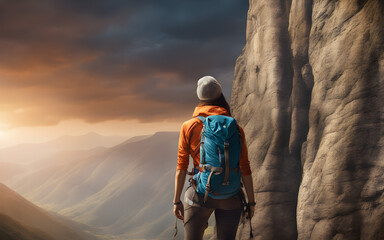 Rear view of a woman in climbing gear facing a towering rock, poised to ascend