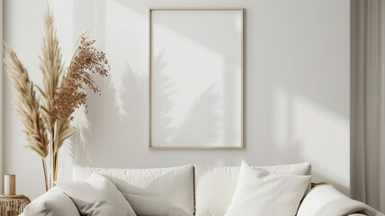 mockup of blank poster frame on white wall.