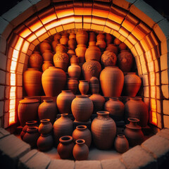 Fototapeta na wymiar Freshly created pots placed in kiln for firing 