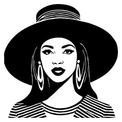 Fictional character of a woman with a hat. Black and white illustration. Logo design for use in graphics. Generated by Ai - obrazy, fototapety, plakaty
