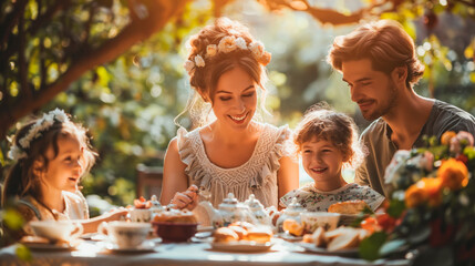 A family tea party for Mother's Day: A mother, her kids and husband enjoy tea and pastries in a garden, under soft, dappled light - Powered by Adobe