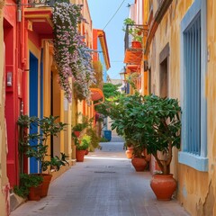 Colorful Buildings and Potted Plants Lining Narrow Street 
