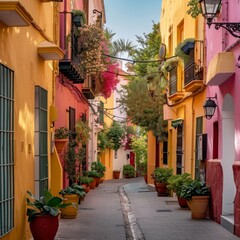 Colorful Buildings and Potted Plants Lining Narrow Street