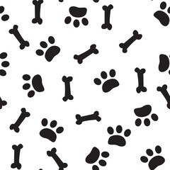 Paw prints and dog bone seamless pattern. Monochrome texture, black and white wallpaper, repeat background.