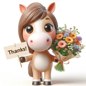 Cute character 3D image of Horse with flowers and saying thanks white background