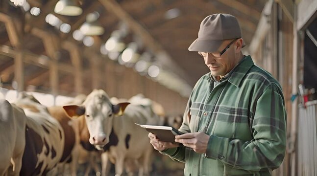 senior farmer is checking his livestock using a digital tablet