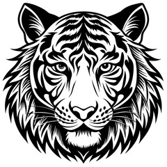 Obraz premium tiger head vector, black tiger face silhouette vector illustration,icon,svg,tigers characters,Holiday t shirt,Hand drawn trendy Vector illustration,lion on black background