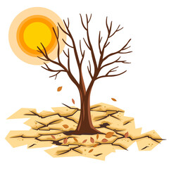 dead tree on dry earth with fallen leaves on a hot day