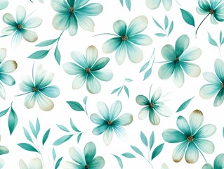 Fototapeta na wymiar Teal flower petals and leaves on white background seamless watercolor pattern spring floral backdrop