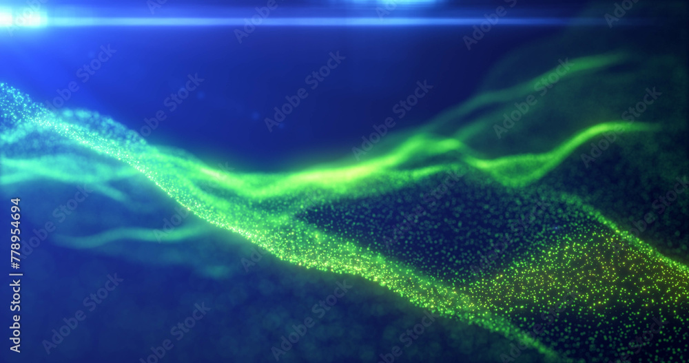 Poster green energy glowing magic waves from particles of lines with light rays. abstract background