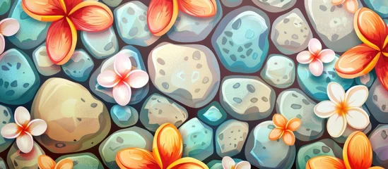Fotobehang A beautiful art piece depicting flowers on a rock wall. The electric blue petals contrast against the natural rock, creating a stunning pattern © AkuAku