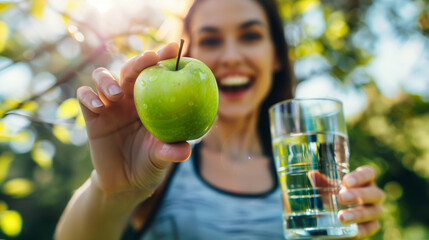 A healthy happy woman holding a green apple and a glass of water