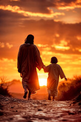 Jesus Christ walking hand in hand with a child at sunset