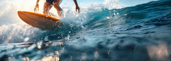 Surfing Adventure: Men Riding Waves with Sunlit Splashes. Surfer foot stepping on the surfboard, capturing the motion and balance. Concept of sport, travel, extreme, people, vacation, beach.
 - obrazy, fototapety, plakaty