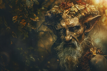 Satyr, with eyes alight with ancient wisdom, guides lost travelers through dense forests. - obrazy, fototapety, plakaty