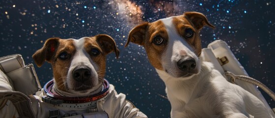 Detailed view of a dog astronaut on a spacewalk, with the Milky Way in the background