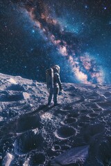 Hyper-realistic scene of a wolf astronaut howling at the Milky Way from a distant moon's surface - obrazy, fototapety, plakaty