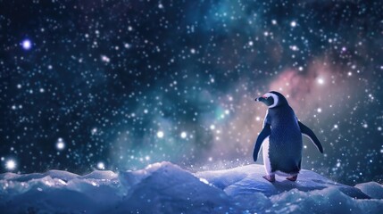 Realistic depiction of a penguin astronaut standing on an ice comet, with the Milky Way in view - obrazy, fototapety, plakaty