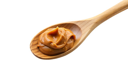 Wooden spoon of peanut butter isolated on transparent background