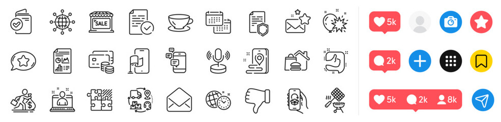 Food delivery, Place and Compliance line icons pack. Social media icons. Communication, Supply chain, Puzzle game web icon. Dislike hand, International globe, Espresso pictogram. Vector - obrazy, fototapety, plakaty