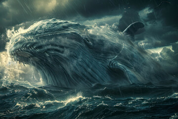 Leviathan, ruler of the deep, commands the currents with its mighty fins, stirring tempests.