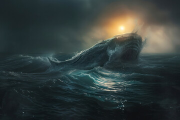 Leviathan, ruler of the deep, commands the currents with its mighty fins, stirring tempests.