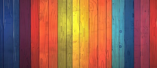 A rectangular wooden wall displaying a colorful rainbow of tints and shades including brown, amber, orange, pink, and magenta, showcasing the colorfulness of the material property - obrazy, fototapety, plakaty