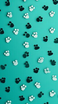 Teal paw prints on a background, minimalist backdrop pattern with copy space for design or photo, animal pet cute surface 