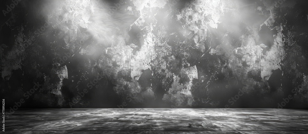 Wall mural A blackandwhite photo captures the mysterious atmosphere of a dark room with smoke billowing from the ceiling, creating a cloudlike effect. The wood and asphalt textures add to the eerie ambiance