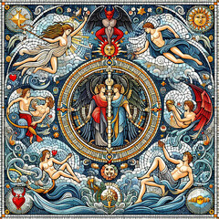 Fototapeta na wymiar Ancient roman mosaic illustration on the theme of love 
