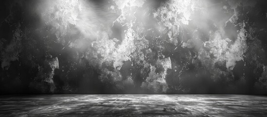 A blackandwhite photo captures the mysterious atmosphere of a dark room with smoke billowing from the ceiling, creating a cloudlike effect. The wood and asphalt textures add to the eerie ambiance