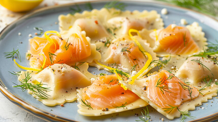 Smoked salmon ravioli garnished with dill, lemon zest, and black pepper, served on a cerulean plate.

