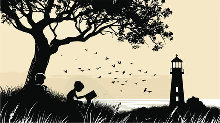 Silhouette of children reading under a tree with li - obrazy, fototapety, plakaty