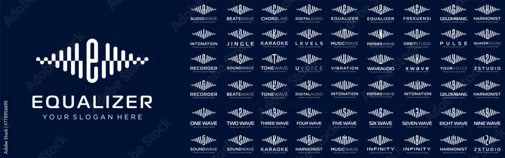 Poster abstract logos combined audio element with letters from a to z and numbers from 1 to 9. vector illus