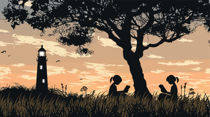 Silhouette of children reading under a tree with li - obrazy, fototapety, plakaty