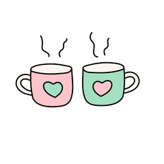 Paired mugs with hearts in doodle style.