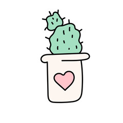 Flowers in a pot with hearts in doodle style