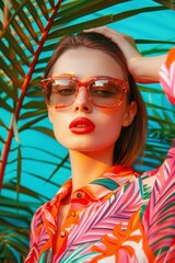 Colorful tropical portrait of a young fashionable woman in sunglasses	