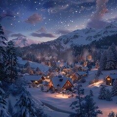 A snowy mountain village at twilight, with cozy cabins lit by warm fires and stars twinkling overhead