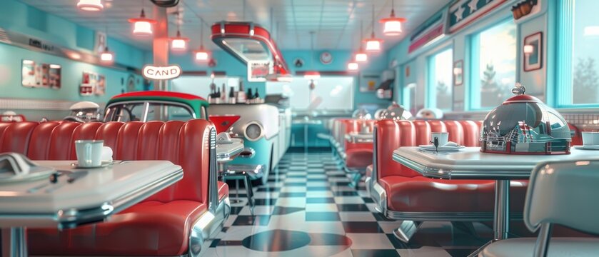 Realistic image of a 1950s diner transformed into a robot-operated restaurant with classic car booths