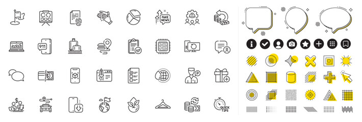 Set of Chat bubble, Engineering team and Cloakroom line icons for web app. Design elements, Social media icons. Clapping hands, Fingerprint, Payment methods icons. Vector