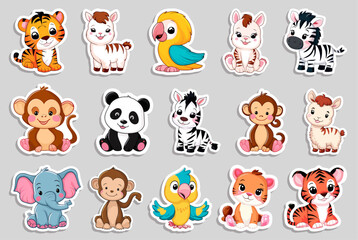 Obraz premium Big set of different cute animal stickers vector illustrations. Generative AI